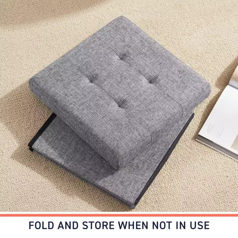 Confezione da 2 pouf contenitore a cubo quadrato pieghevoli da 38 cm, lino trapuntato, pieghevoli per dormitorio, soggiorno e camera da letto