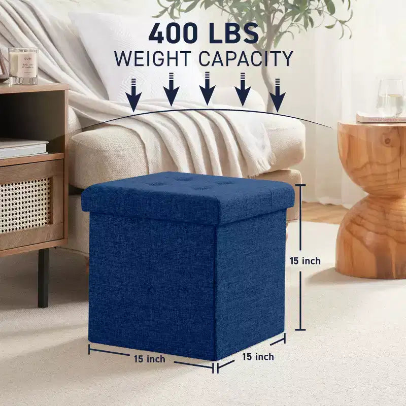 Confezione da 2 pouf contenitore a cubo quadrato pieghevoli da 38 cm, lino trapuntato, pieghevoli per dormitorio, soggiorno e camera da letto