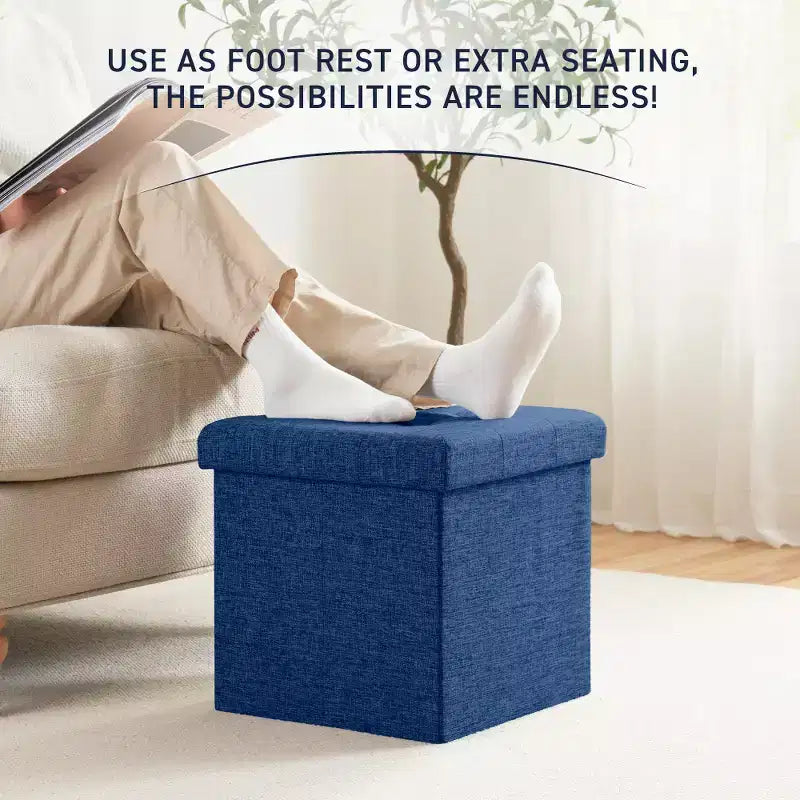 Confezione da 2 pouf contenitore a cubo quadrato pieghevoli da 38 cm, lino trapuntato, pieghevoli per dormitorio, soggiorno e camera da letto