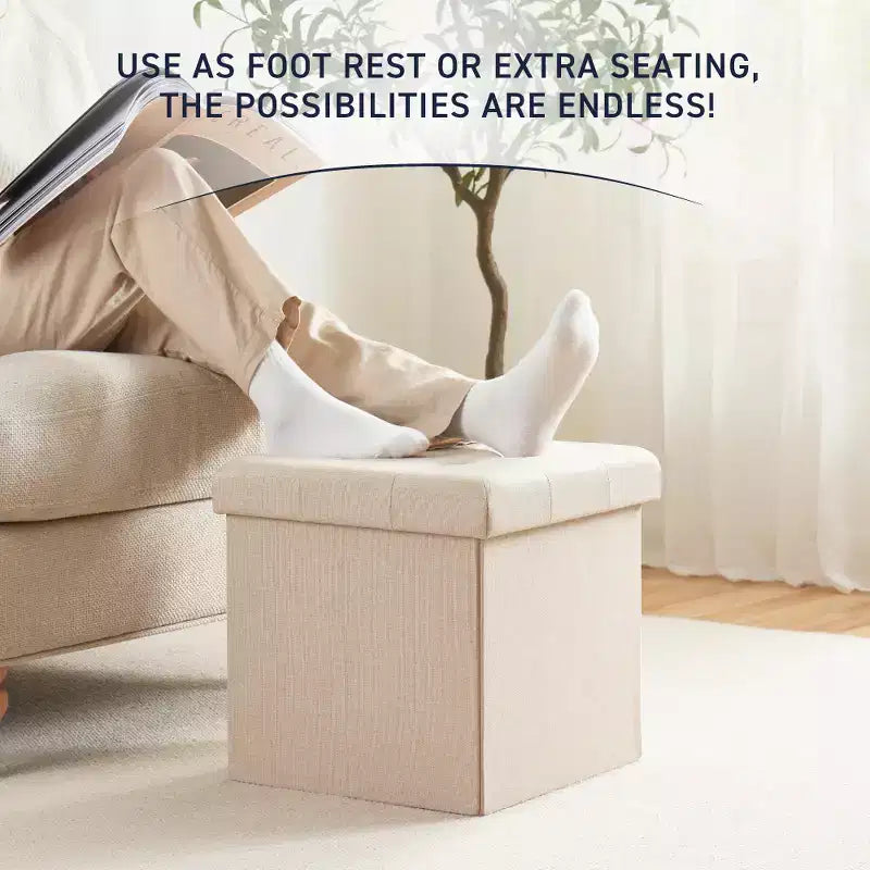 Confezione da 2 pouf contenitore a cubo quadrato pieghevoli da 38 cm, lino trapuntato, pieghevoli per dormitorio, soggiorno e camera da letto