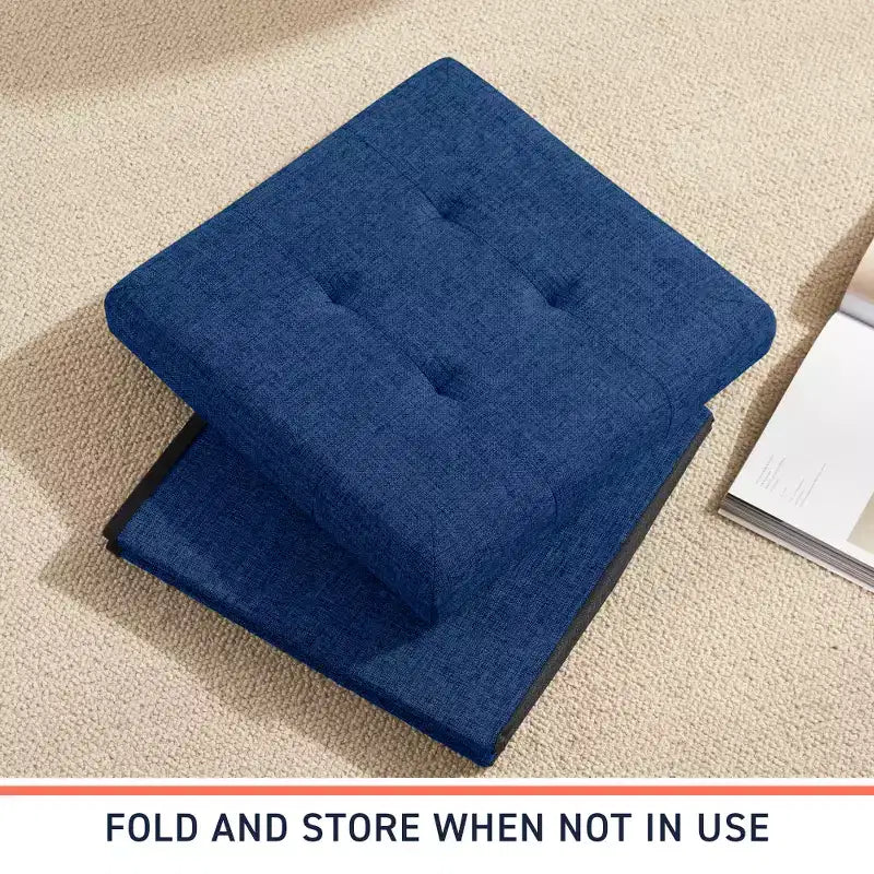 Confezione da 2 pouf contenitore a cubo quadrato pieghevoli da 38 cm, lino trapuntato, pieghevoli per dormitorio, soggiorno e camera da letto
