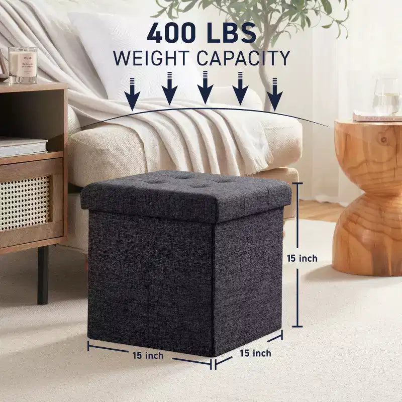 Confezione da 2 pouf contenitore a cubo quadrato pieghevoli da 38 cm, lino trapuntato, pieghevoli per dormitorio, soggiorno e camera da letto