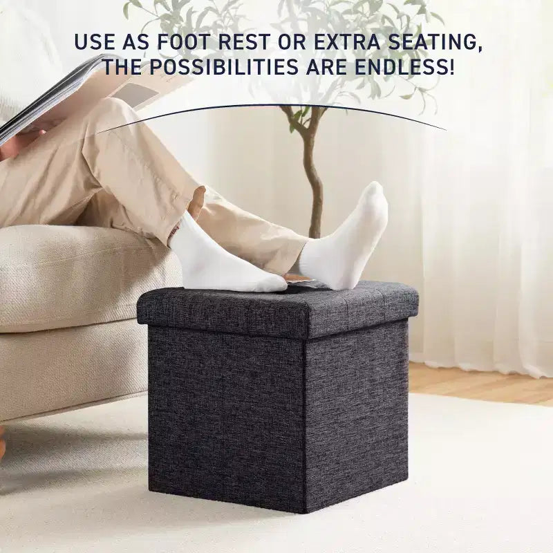 Confezione da 2 pouf contenitore a cubo quadrato pieghevoli da 38 cm, lino trapuntato, pieghevoli per dormitorio, soggiorno e camera da letto