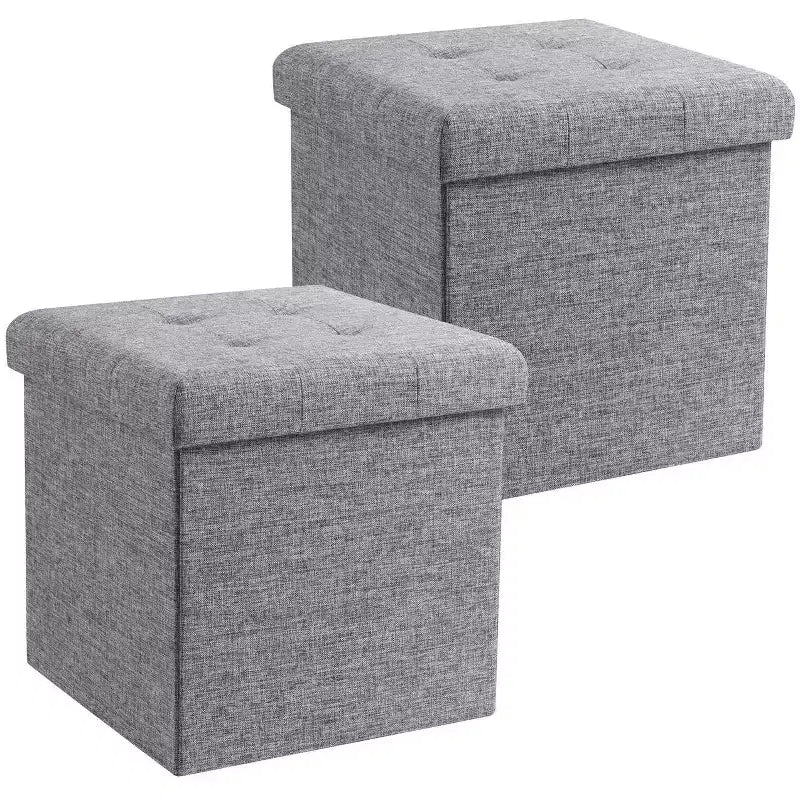 Confezione da 2 pouf contenitore a cubo quadrato pieghevoli da 38 cm, lino trapuntato, pieghevoli per dormitorio, soggiorno e camera da letto