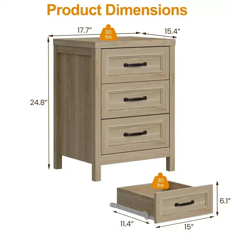 Comò a 3 cassetti, comò moderno in legno con frontale del cassetto a pannello rialzato, cassettiera accentata per camera da letto, soggiorno, ingresso