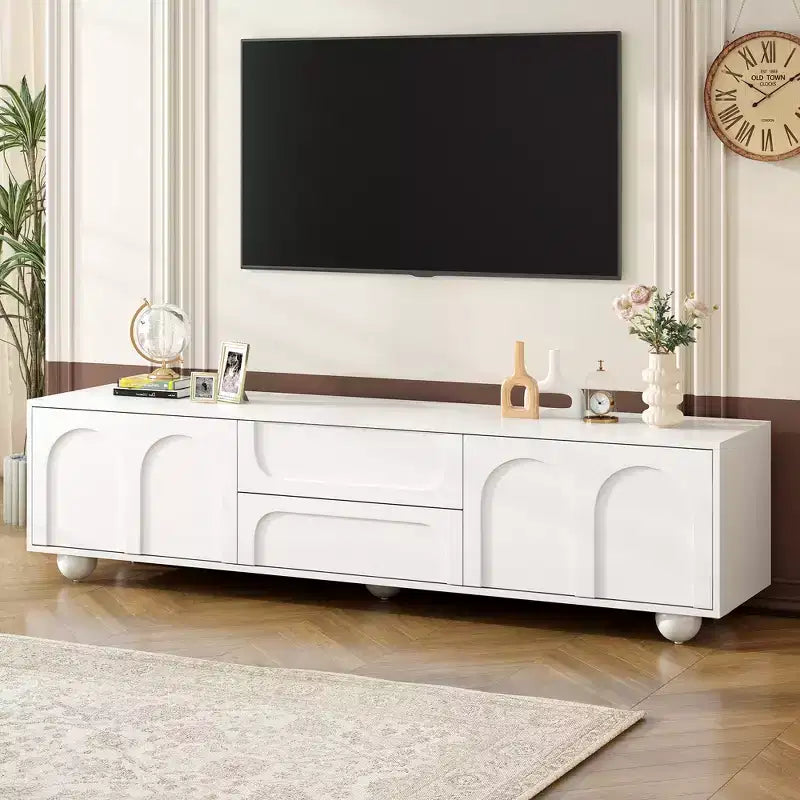 Mobile TV per televisori fino a 75", Consolle multimediale con ante ad arco e 2 cassetti