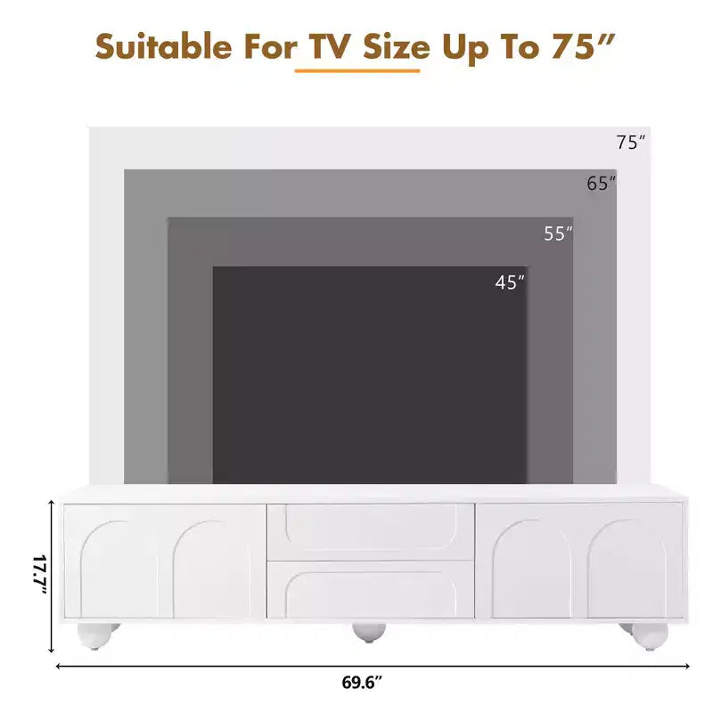 Mobile TV per televisori fino a 75", Consolle multimediale con ante ad arco e 2 cassetti