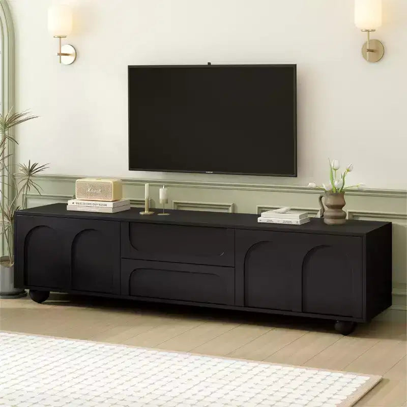 Mobile TV per televisori fino a 75", Consolle multimediale con ante ad arco e 2 cassetti