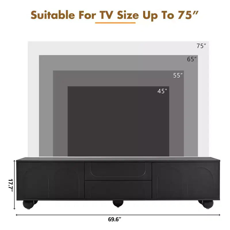 Mobile TV per televisori fino a 75", Consolle multimediale con ante ad arco e 2 cassetti