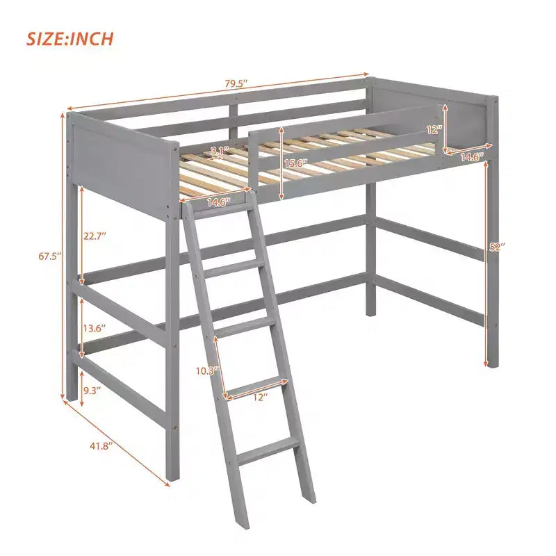 Letto a soppalco alto in legno massello per cameretta bambini, stile minimalista, con scaletta e sponde di protezione, una piazza e mezza