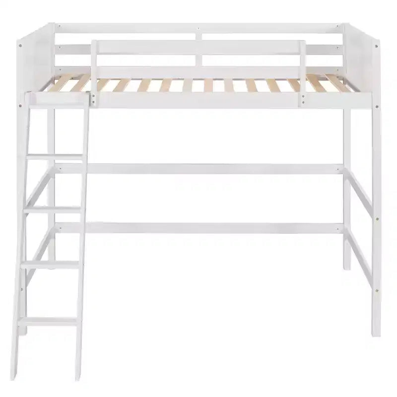 Letto a soppalco alto in legno massello per cameretta bambini, stile minimalista, con scaletta e sponde di protezione, una piazza e mezza