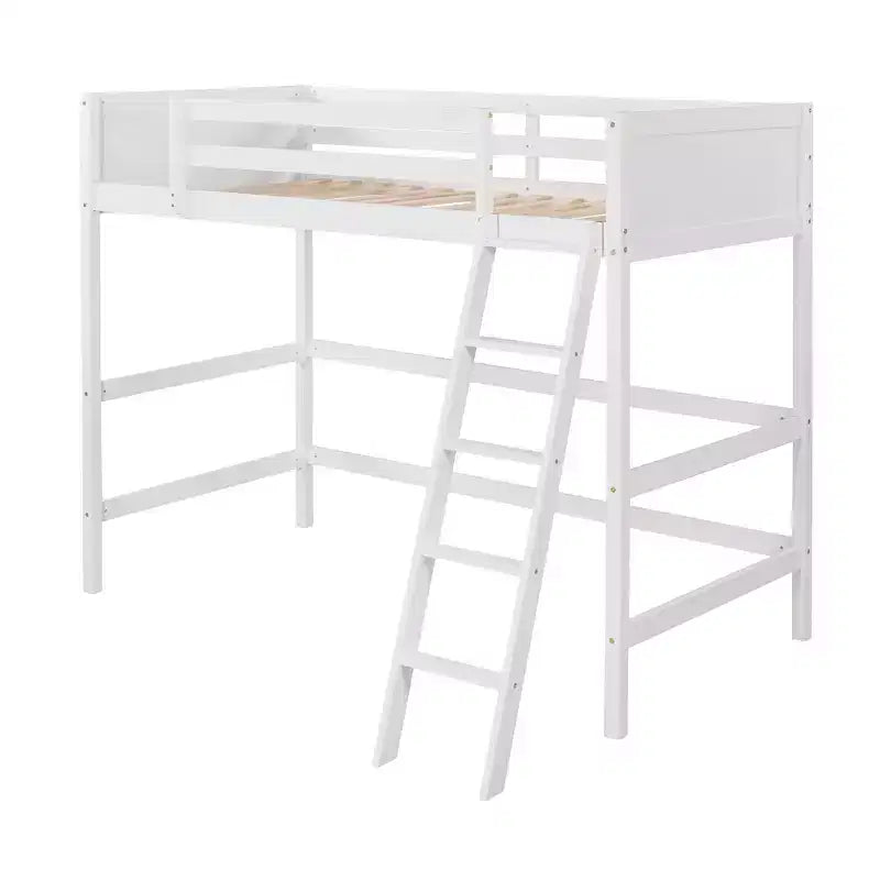Letto a soppalco alto in legno massello per cameretta bambini, stile minimalista, con scaletta e sponde di protezione, una piazza e mezza