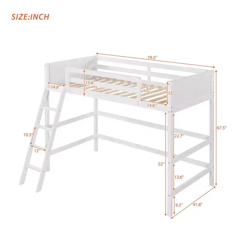 Letto a soppalco alto in legno massello per cameretta bambini, stile minimalista, con scaletta e sponde di protezione, una piazza e mezza