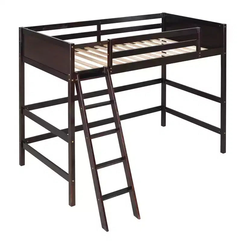 Letto a soppalco alto in legno massello per cameretta bambini, stile minimalista, con scaletta e sponde di protezione, una piazza e mezza