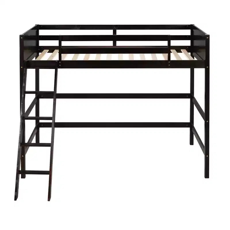 Letto a soppalco alto in legno massello per cameretta bambini, stile minimalista, con scaletta e sponde di protezione, una piazza e mezza