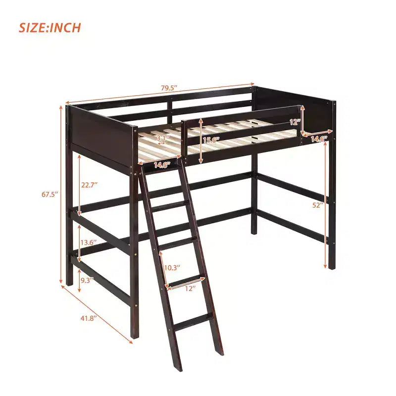 Letto a soppalco alto in legno massello per cameretta bambini, stile minimalista, con scaletta e sponde di protezione, una piazza e mezza