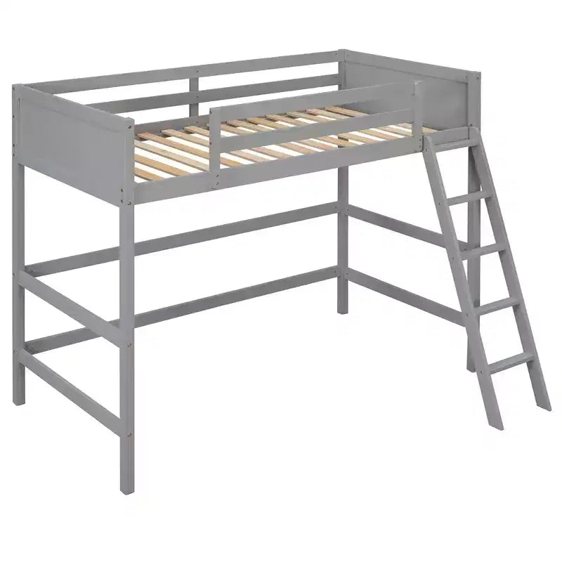 Letto a soppalco alto in legno massello per cameretta bambini, stile minimalista, con scaletta e sponde di protezione, una piazza e mezza