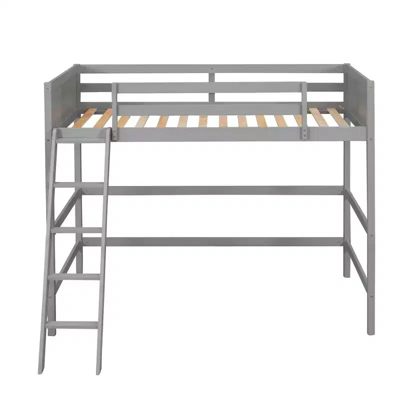 Letto a soppalco alto in legno massello per cameretta bambini, stile minimalista, con scaletta e sponde di protezione, una piazza e mezza