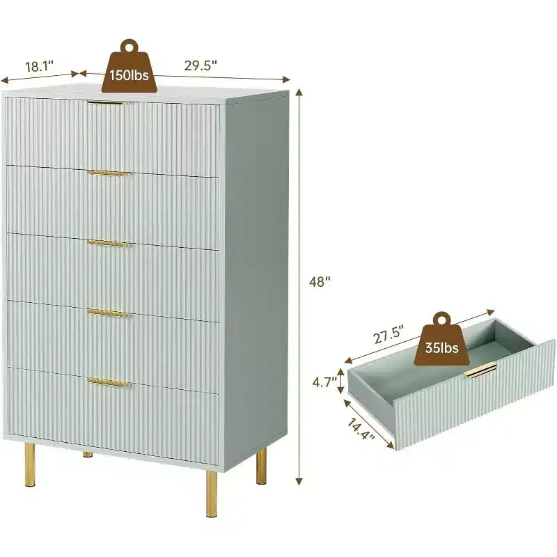 Cassettiera moderna a 5 cassetti - Maniglie dorate, grande capacità di archiviazione per camera da letto e soggiorno