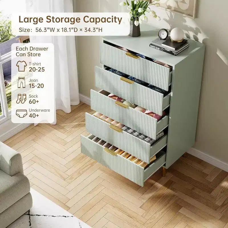 Cassettiera moderna a 5 cassetti - Maniglie dorate, grande capacità di archiviazione per camera da letto e soggiorno