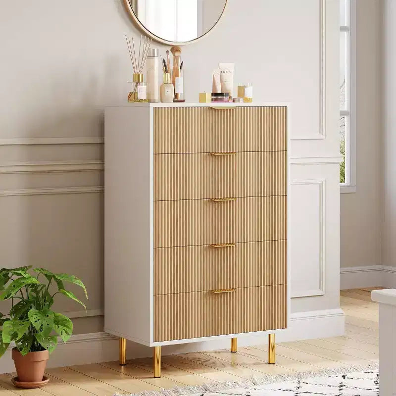 Cassettiera moderna a 5 cassetti - Maniglie dorate, grande capacità di archiviazione per camera da letto e soggiorno