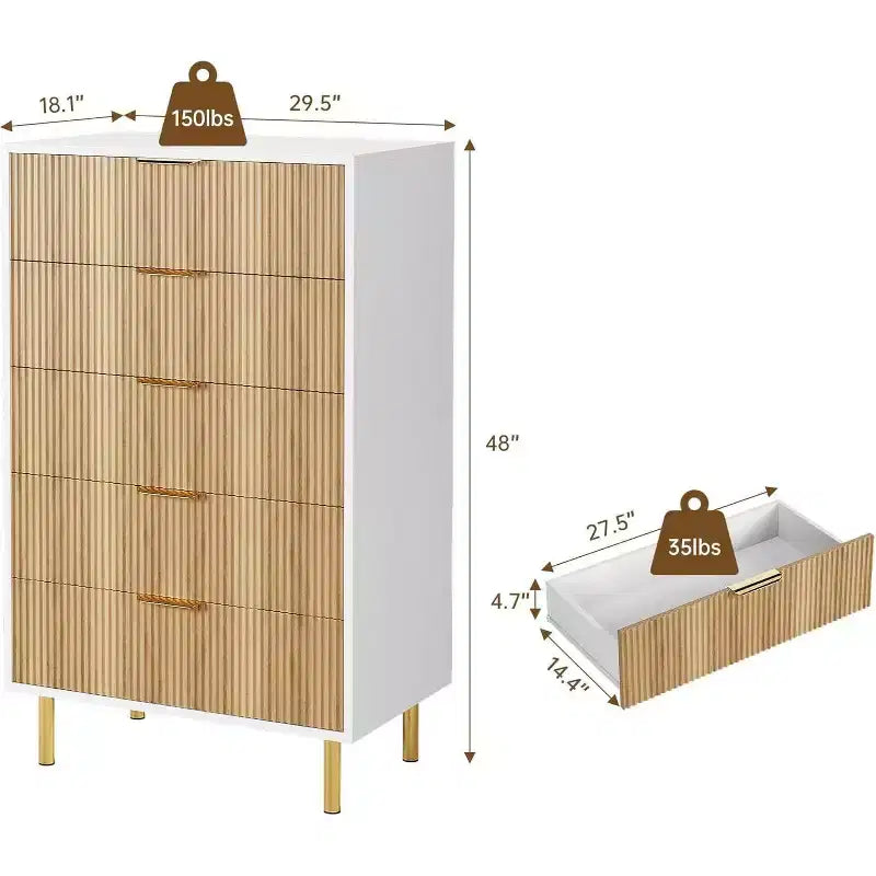 Cassettiera moderna a 5 cassetti - Maniglie dorate, grande capacità di archiviazione per camera da letto e soggiorno