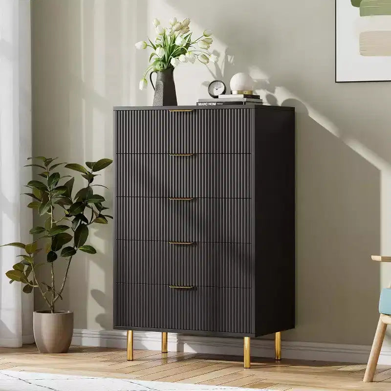 Cassettiera moderna a 5 cassetti - Maniglie dorate, grande capacità di archiviazione per camera da letto e soggiorno