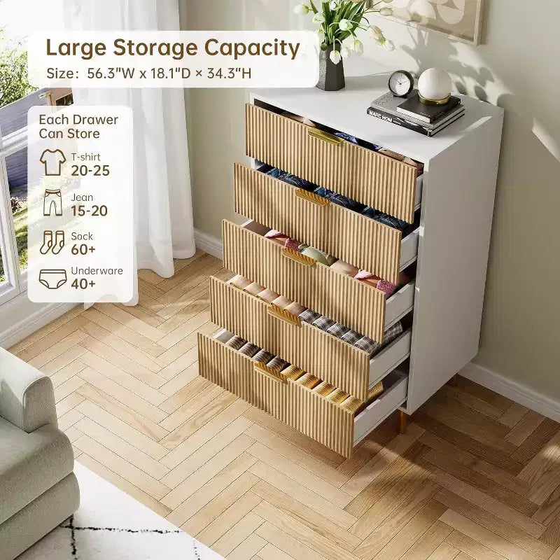 Cassettiera moderna a 5 cassetti - Maniglie dorate, grande capacità di archiviazione per camera da letto e soggiorno