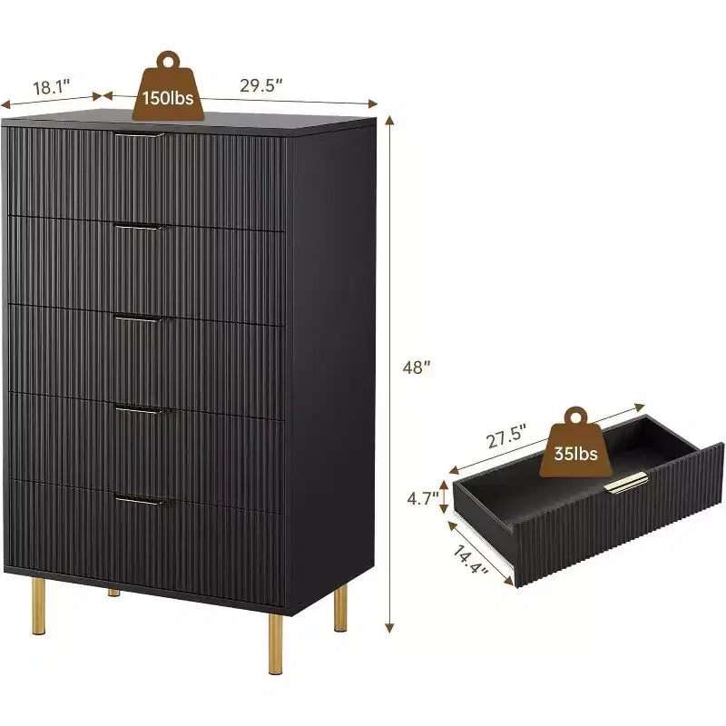 Cassettiera moderna a 5 cassetti - Maniglie dorate, grande capacità di archiviazione per camera da letto e soggiorno