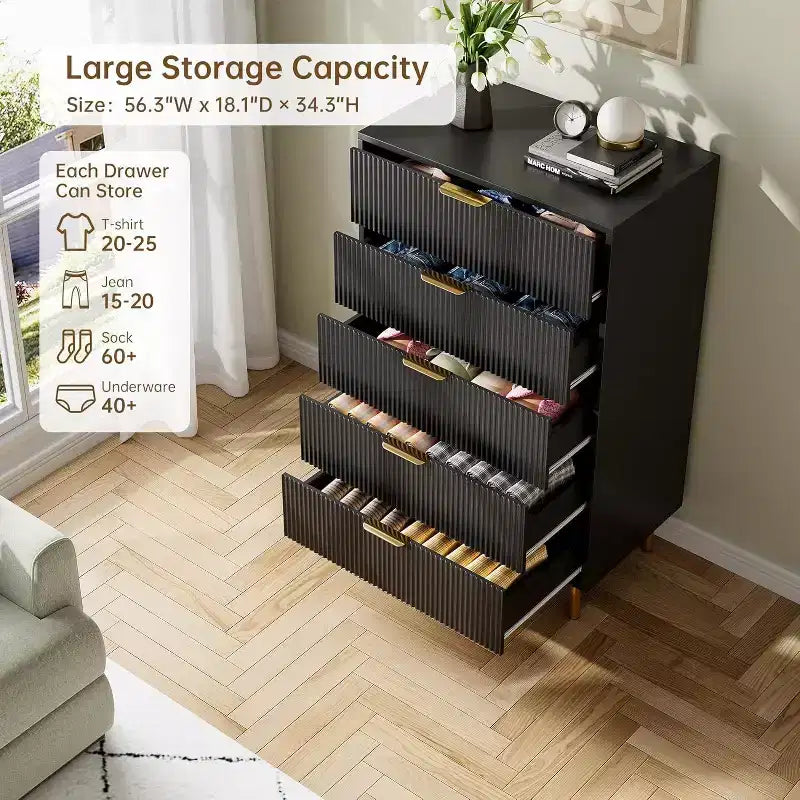 Cassettiera moderna a 5 cassetti - Maniglie dorate, grande capacità di archiviazione per camera da letto e soggiorno