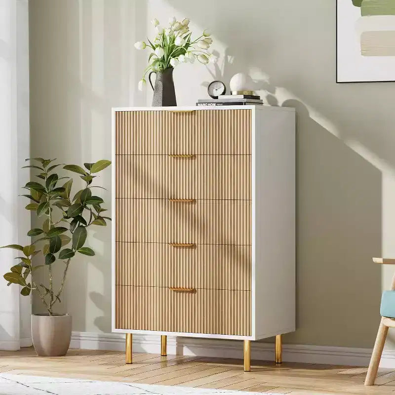 Cassettiera moderna a 5 cassetti - Maniglie dorate, grande capacità di archiviazione per camera da letto e soggiorno