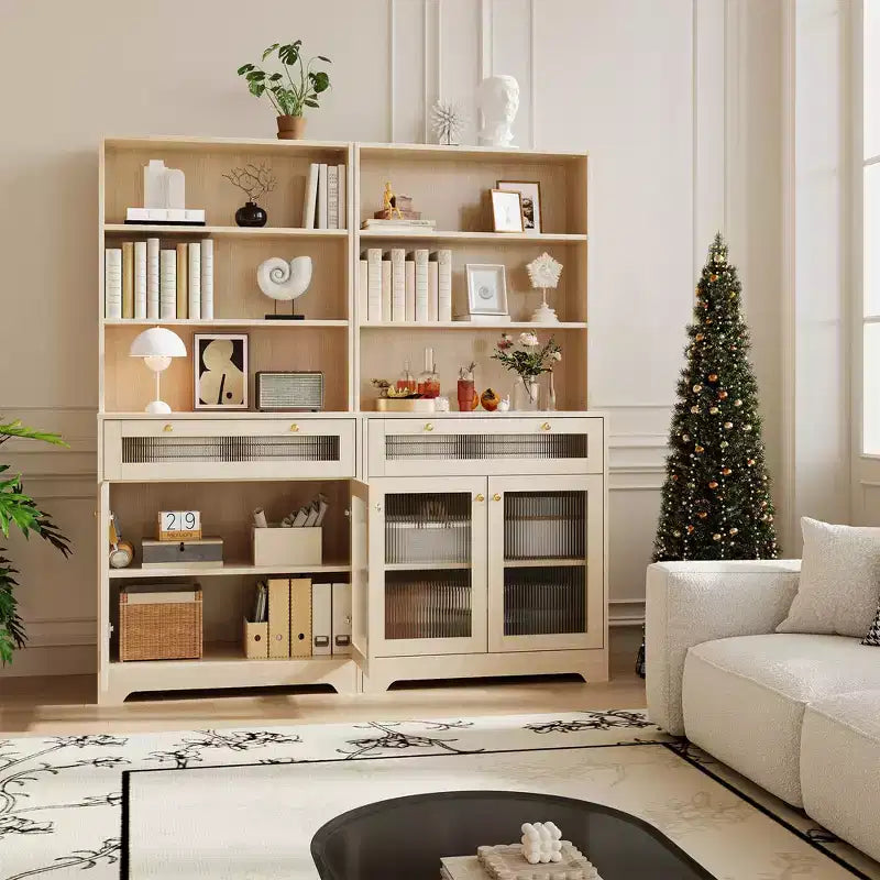 Dispensa da Cucina Autoportante da 157 cm con 5 Ripiani, Cassetto, 2 Ante in Vetro e Ripiani Regolabili