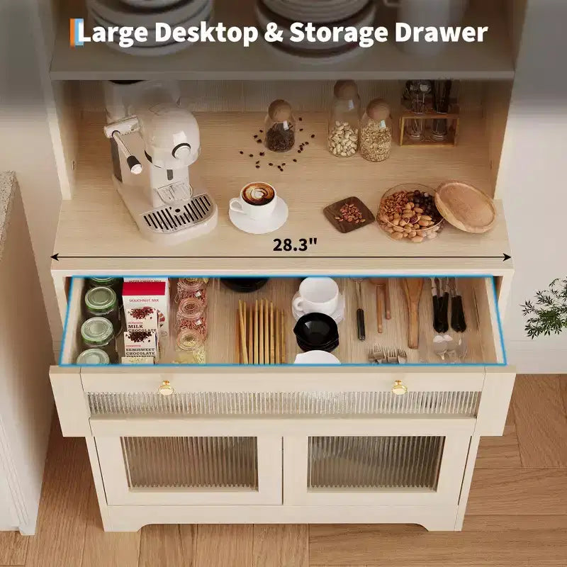 Dispensa da Cucina Autoportante da 157 cm con 5 Ripiani, Cassetto, 2 Ante in Vetro e Ripiani Regolabili