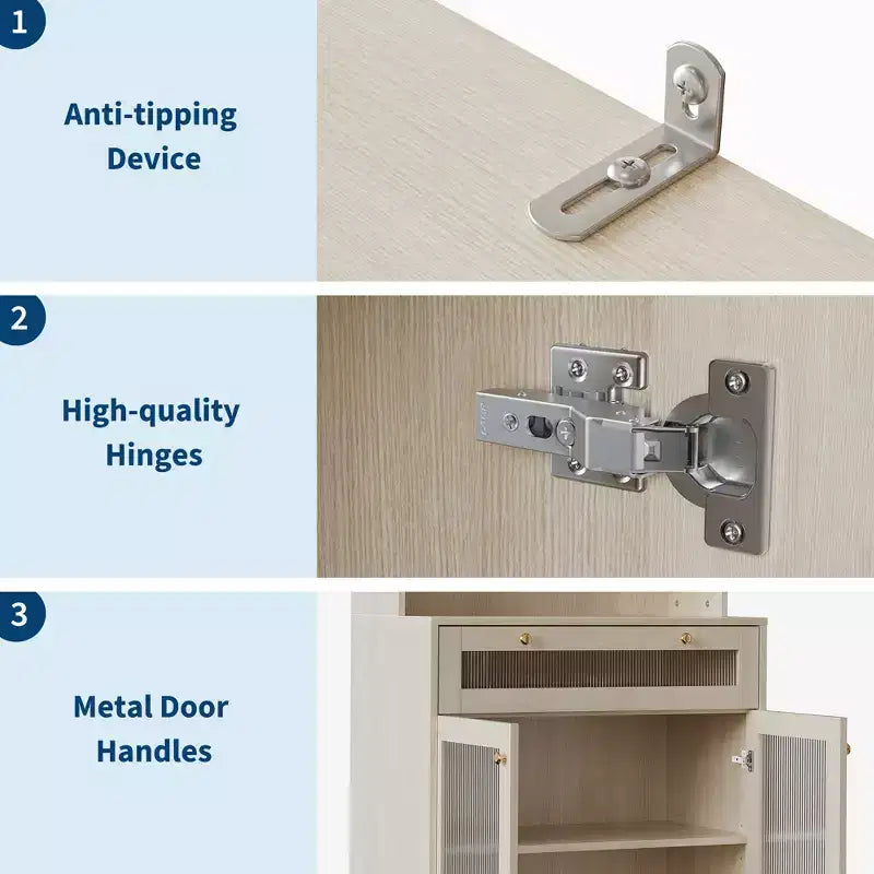 Dispensa da Cucina Autoportante da 157 cm con 5 Ripiani, Cassetto, 2 Ante in Vetro e Ripiani Regolabili