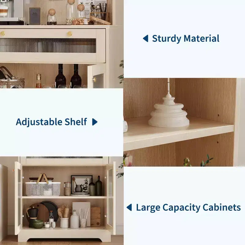 Dispensa da Cucina Autoportante da 157 cm con 5 Ripiani, Cassetto, 2 Ante in Vetro e Ripiani Regolabili