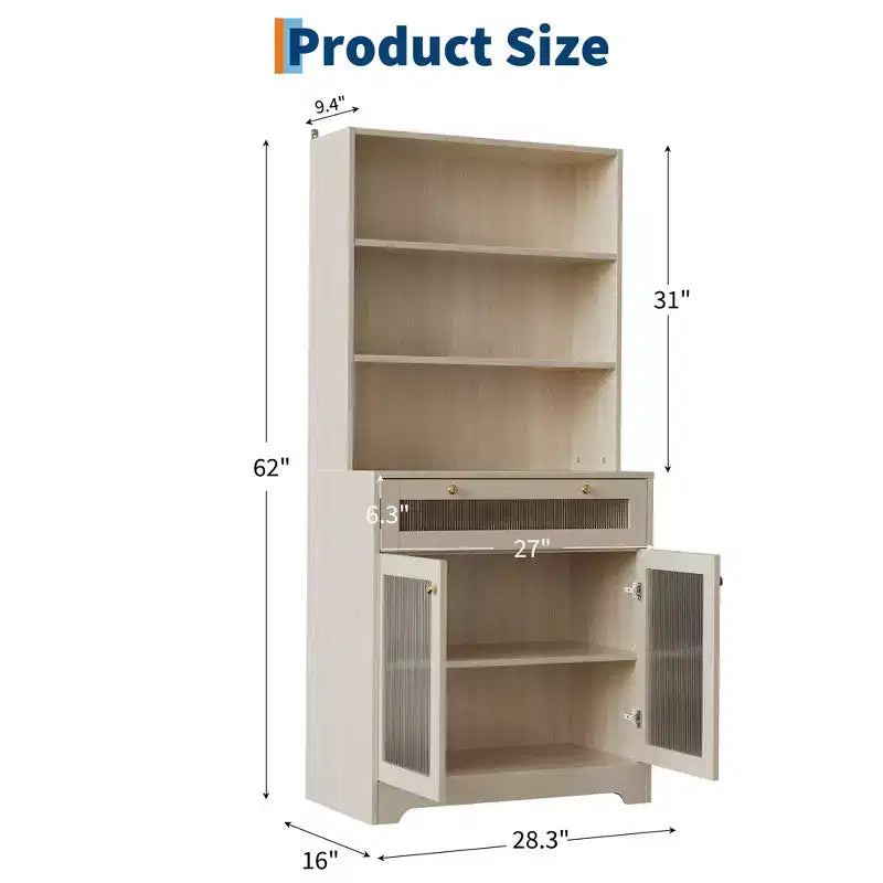 Dispensa da Cucina Autoportante da 157 cm con 5 Ripiani, Cassetto, 2 Ante in Vetro e Ripiani Regolabili