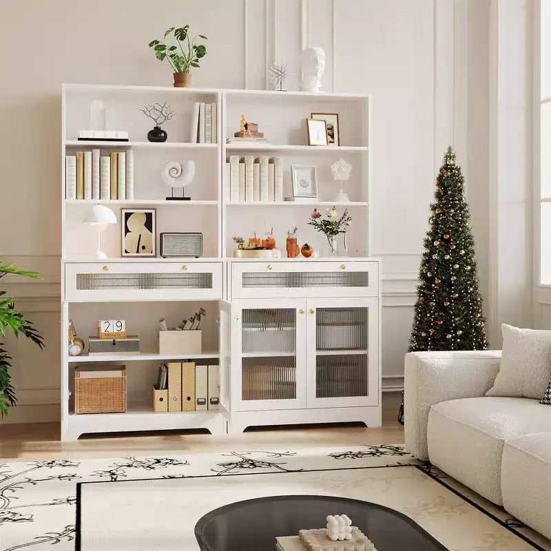 Dispensa da Cucina Autoportante da 157 cm con 5 Ripiani, Cassetto, 2 Ante in Vetro e Ripiani Regolabili