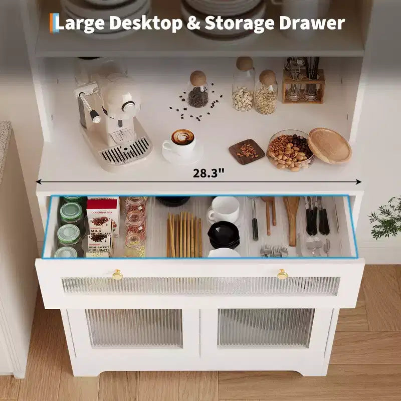 Dispensa da Cucina Autoportante da 157 cm con 5 Ripiani, Cassetto, 2 Ante in Vetro e Ripiani Regolabili