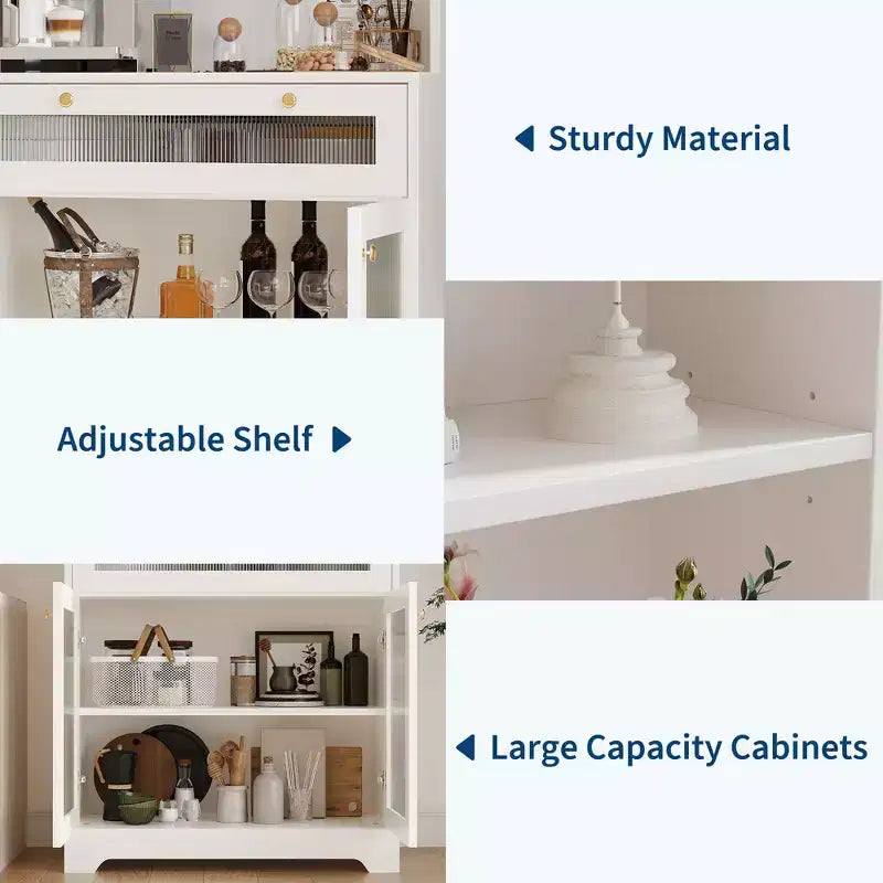 Dispensa da Cucina Autoportante da 157 cm con 5 Ripiani, Cassetto, 2 Ante in Vetro e Ripiani Regolabili