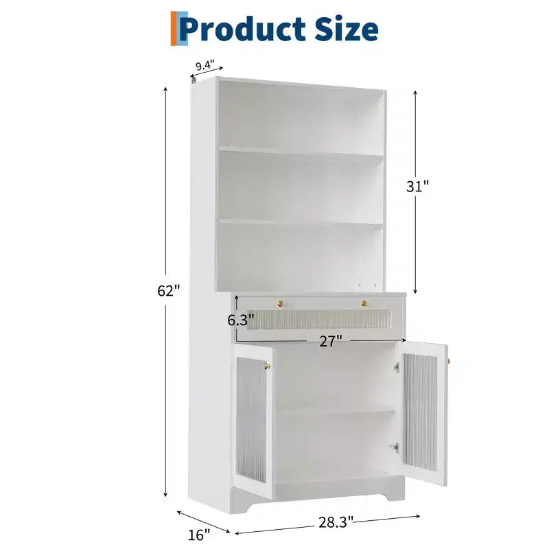 Dispensa da Cucina Autoportante da 157 cm con 5 Ripiani, Cassetto, 2 Ante in Vetro e Ripiani Regolabili