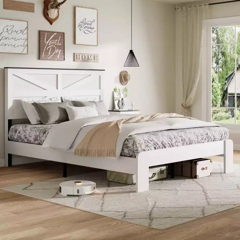 Struttura letto a piattaforma in legno matrimoniale con testiera, design silenzioso, nessun bisogno di rete a molle, ampio spazio contenitore sotto il letto, facile da montare, bianco