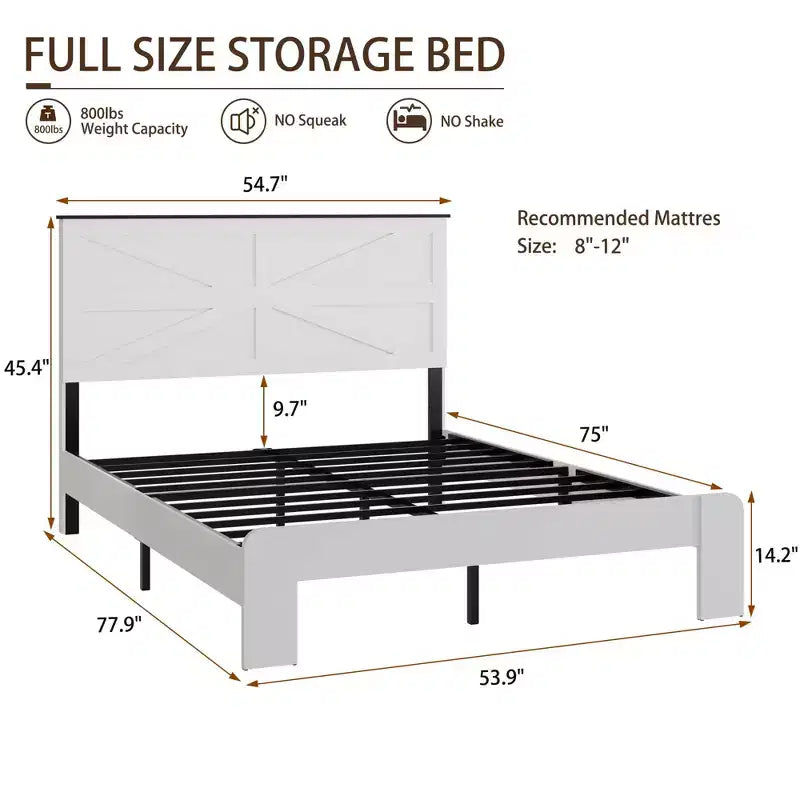 Struttura letto a piattaforma in legno matrimoniale con testiera, design silenzioso, nessun bisogno di rete a molle, ampio spazio contenitore sotto il letto, facile da montare, bianco