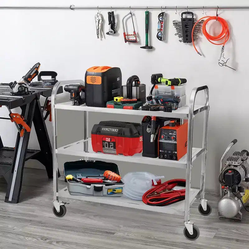 Carrello di servizio in acciaio inossidabile, carrello commerciale a 3 ripiani con ruote silenziose con freno e maniglia ergonomica, carrello di catering da 100 kg per cucina e laboratorio