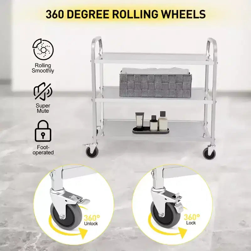 Carrello di servizio in acciaio inossidabile, carrello commerciale a 3 ripiani con ruote silenziose con freno e maniglia ergonomica, carrello di catering da 100 kg per cucina e laboratorio