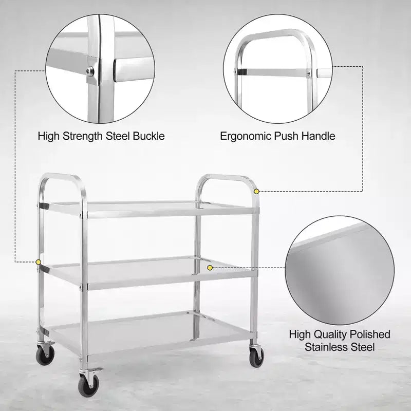 Carrello di servizio in acciaio inossidabile, carrello commerciale a 3 ripiani con ruote silenziose con freno e maniglia ergonomica, carrello di catering da 100 kg per cucina e laboratorio
