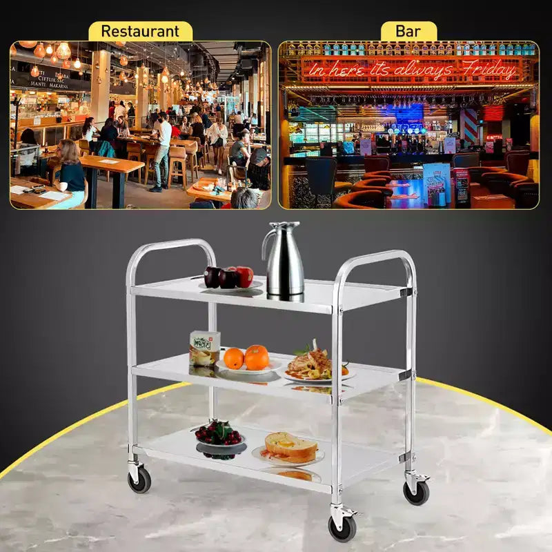 Carrello di servizio in acciaio inossidabile, carrello commerciale a 3 ripiani con ruote silenziose con freno e maniglia ergonomica, carrello di catering da 100 kg per cucina e laboratorio