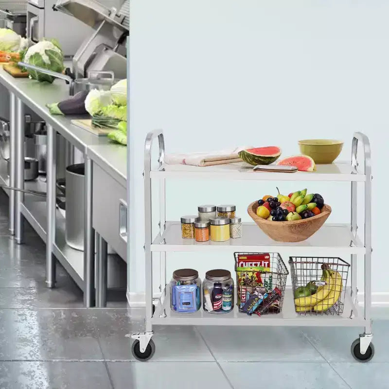 Carrello di servizio in acciaio inossidabile, carrello commerciale a 3 ripiani con ruote silenziose con freno e maniglia ergonomica, carrello di catering da 100 kg per cucina e laboratorio