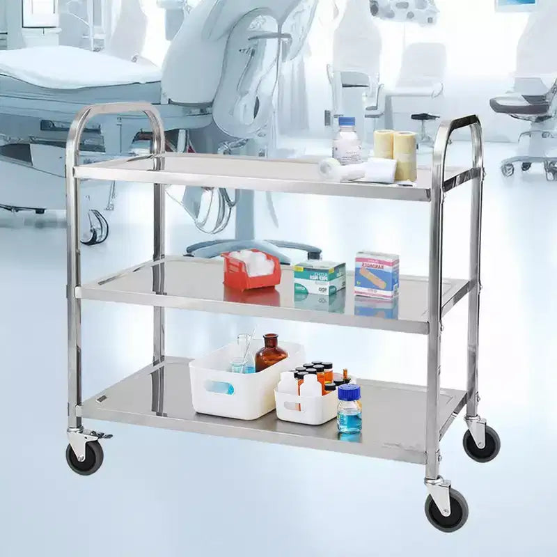 Carrello di servizio in acciaio inossidabile, carrello commerciale a 3 ripiani con ruote silenziose con freno e maniglia ergonomica, carrello di catering da 100 kg per cucina e laboratorio