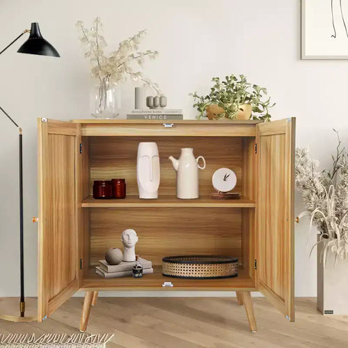 31,5 Mobile Buffet con Contenitore, Mobile Contenitore da Ingresso con Ante Decorate in Rattan e Ripiani Regolabili