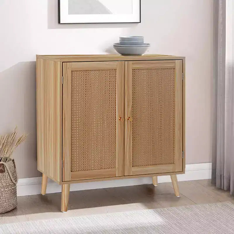 31,5 Mobile Buffet con Contenitore, Mobile Contenitore da Ingresso con Ante Decorate in Rattan e Ripiani Regolabili